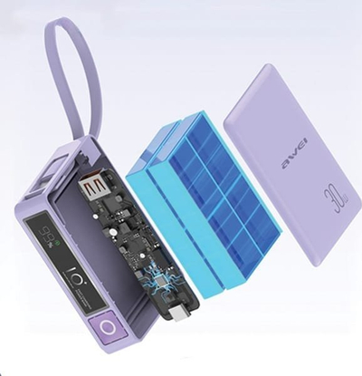 Powerbank Awei P87K, 10000mAh, 30W, me kabllo të integrume, i zi