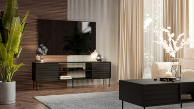 Kabinet TV Cama Meble FELLINI Black, 180x40x60 cm, me dyer PUSH TO OPEN, i zi