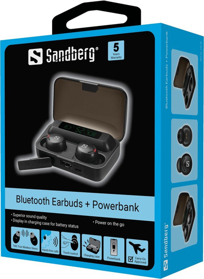 Kufje Sandberg Wireless Earbuds, True Wireless, me powerbank, të zeza