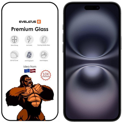 Xhami mbrojtës Evelatus Apple iPhone 16 Plus Corning Gorilla Glass Anti-Static 3D Full Cover, i zi