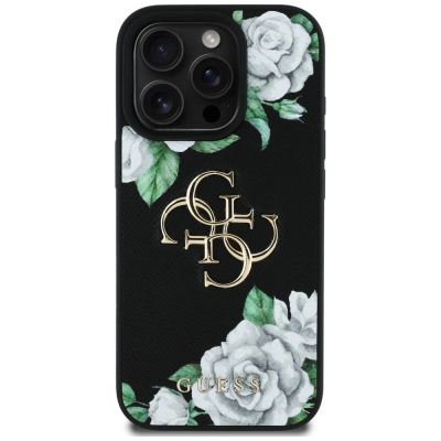 Заштитна маска за телефон Guess Grained Roses Big 4G Logo за iPhone 16 Pro Max, силикон, црна