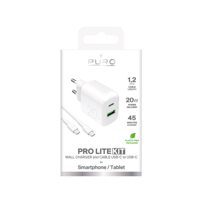 Ѕиден полнач Puro PRO LITE 20W, USB A и USB C, со кабел USB C, бел