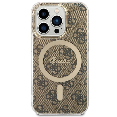 Kupë telefoni Guess 4G Pattern MagSafe për iPhone 15 Pro, kafe