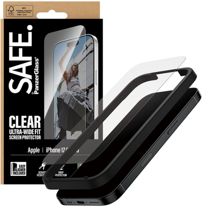 Mbrojtës ekrani PanzerGlass SAFE, iPhone 17 iPhone 16 Pro, Ultra Wide Fit, transparent