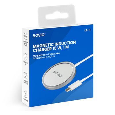 Karikues wireless Savio LA-11, 15W, Qi MagSafe, i bardhë