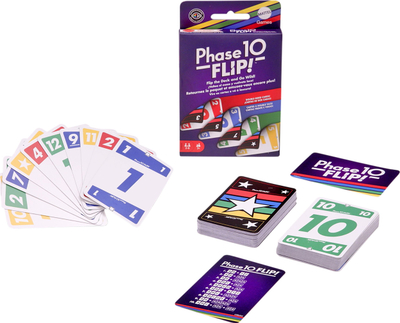 Loja me letra Mattel Phase 10 Flip, për familje, 2‑6 lojtarë, shumëngjyrëshe