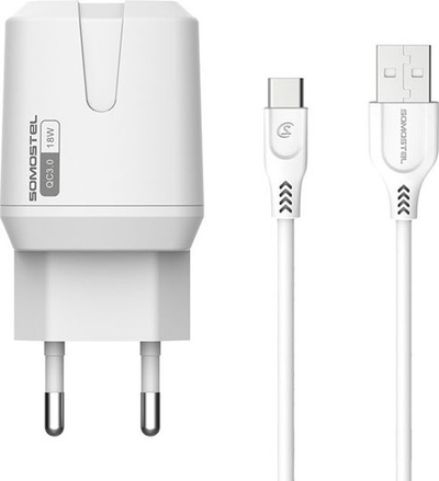 Karikues muri SOMOSTEL SMS-Q02, 18W 3A, USB QC 3.0 me kabllo USB Type-C, i bardhë