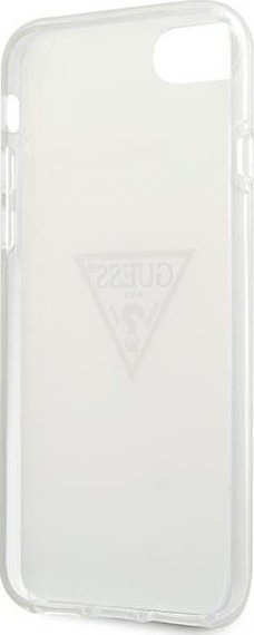 Kapak telefoni Guess Hard Case Triangle Logo, për iPhone SE 8 7, plastik, i bardhë me shkëlqim