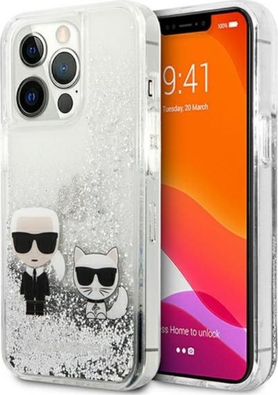 Kapak telefoni Karl Lagerfeld Liquid Glitter Karl and Choupette për iPhone 13 Pro Max, transparent, argjend