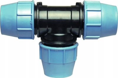 Fiting kompresioni tee universal për tub PE, 63mm, plastike, blu