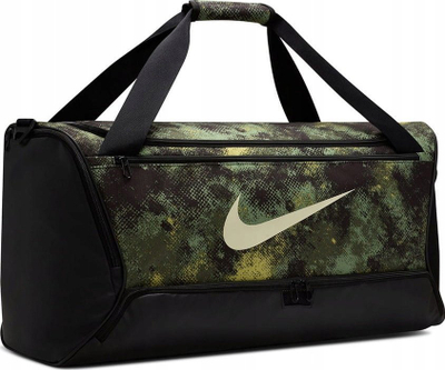 Çantë sporti Nike Brasilia Duff 95 Camo AOP, 60L, me shirit krahu, me kamuflazh jeshil me të zezë