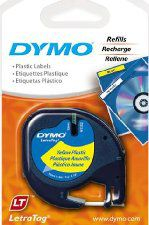 Shirit etiketash Dymo LetraTag S0721570, plastik 12mm x 4m, shkrim i zi mbi të verdhë