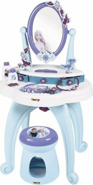 Tavolinë grimimi lodër Smoby Frozen 2 in 1, me pasqyrë rrotulluese, me stol, blu vjollcë