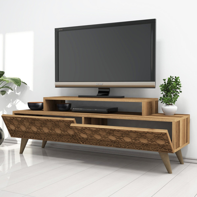 Komoda TV Kalune Design City, me rafte dhe ndarje, dru natyral