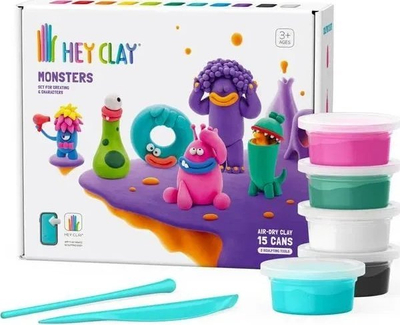 Set plasteline Hey Clay Monsters, 15 kanaçe, thahet në ajër, shumëngjyrësh