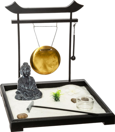 Set dekorativ Atmosphera Jardin Zen, tabaka me rërë, figurë Buddha dhe gong, i zi