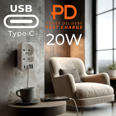 Prizë shumëfishe Maclean MCE249 F/W, 2x220V, 2xUSB A 2xUSB C PD 20W, e bardhë