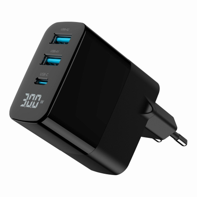 Karikues universal Gembird GaN, 30W, 3 porta USB QC 3.0 dhe PD, me ekran LCD, i zi