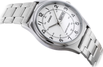 Ora dore Casio MTP-V006D-7B2, çelik inox, ekran me ditë dhe datë, sferë e bardhë