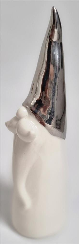 Figurinë zbukuese Krishtlindjesh Saska Garden Santa Gnome, porcelan, 17 cm, e bardhë me kapelë argjendi