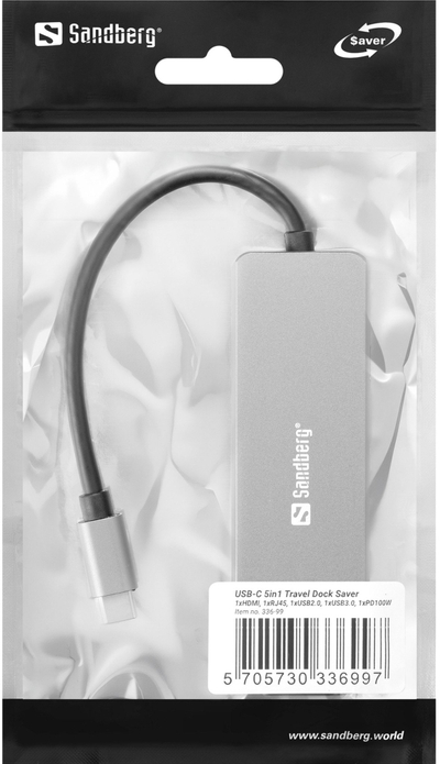 Док USB C Sandberg Travel Dock Saver 5in1, HDMI 4K, RJ45, сребрена