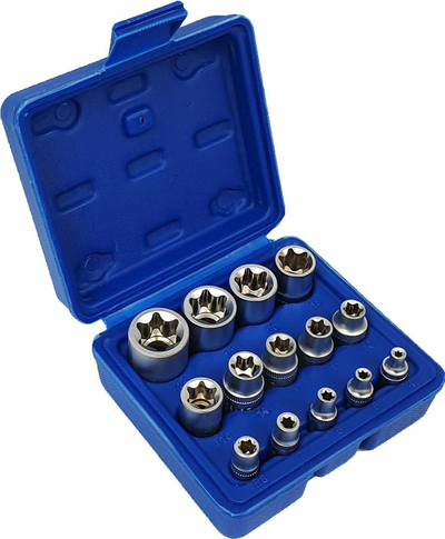 Set çelësa gyp Torx SilverTools 10628, 14 copë E4 E24, në kuti plastike, argjendtë