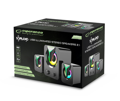 Altoparlantë kompjuteri Esperanza Soprano EGS107, sistem 2.1, ndriçim RGB LED, të zinj