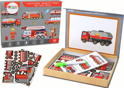 Puzzle magnetik edukativ Leantoys, me temë kamion zjarrfikës, me dërrasë vizatimi, shumëngjyrësh