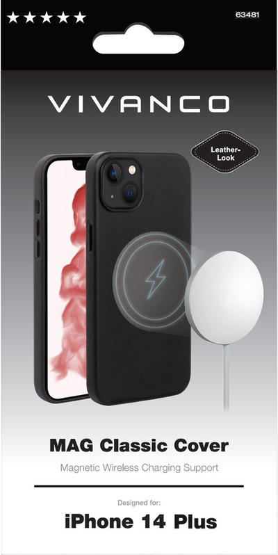 Kapak telefoni Vivanco MagSafe Classic për iPhone 14 Plus, lëkurë sintetike, i zi