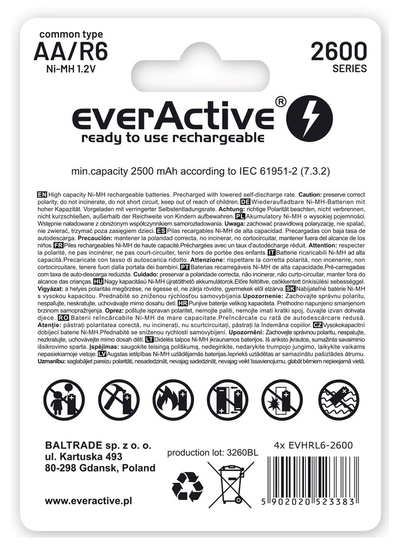 Bateri të rikarikueshme EverActive Professional Line AA R6, 2600mAh, set 4 copë