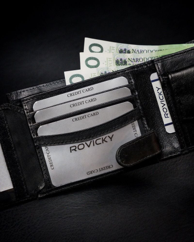 Portofol për burra Rovicky, lëkurë e vërtetë, RFID STOP, i zi