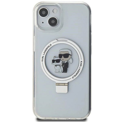 Mbrotëse telefoni Karl Lagerfeld me unazë Ring Stand Karl & Choupette MagSafe, për iPhone 15 14 13 6.1", e bardhë transparente