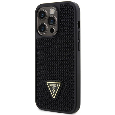 Kapak telefoni Guess Rhinestones Triangle Logo për iPhone 14 Pro, poliuretan i butë, i zi