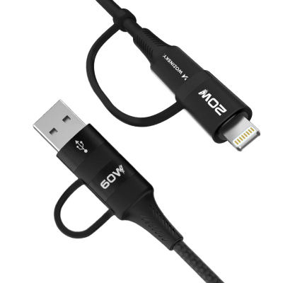 Kabllo karikimi Wozinsky WNBAA 4n1, USB-C USB-A Lightning, 60W 1m, e zezë