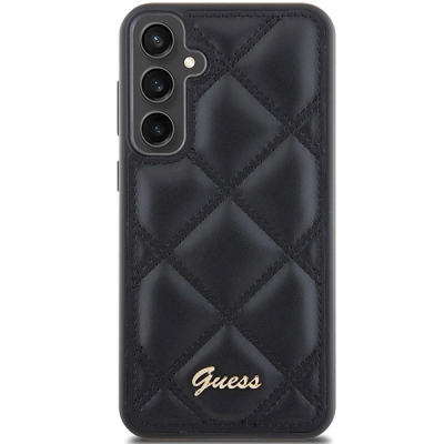 Mbulesë telefoni Guess Quilted Metal Logo për Samsung Galaxy S23 FE, lëkurë eko, e zezë