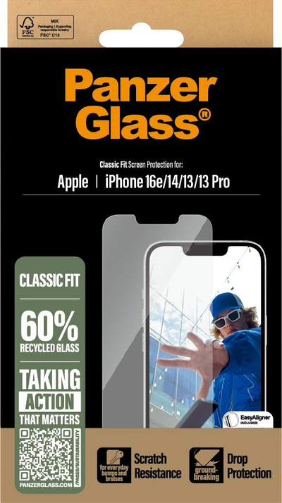 Mbrojtës ekrani PanzerGlass për iPhone 16e 14 13 13 Pro Classic Fit, xham i temperu, EasyAligner, transparent