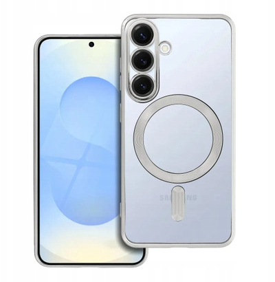 Силиконска маска Electro Mag за Samsung Galaxy S25, MagSafe, проѕирна, со сребрени акценти