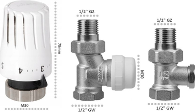 Set termostatik i drejtë Invena CD-74-P15 Mini, M30x1.5, 10 bar, i bardhë me nikel