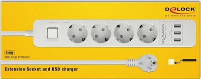 Zgjatës rryme DeLOCK me 4 presa, 3 porta USB Type A, kabllo 1.5 m, 4000W, i bardhë