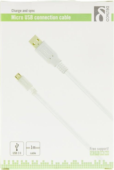Kabllo USB Deltaco USB 2.0, Type A në Micro USB, 1m, e bardhë