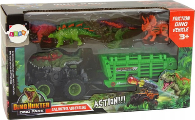Set lodër Dino Hunter Dino Park, kamion me rimorkio, 4 dinosaurë, jeshil