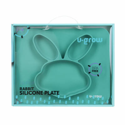 Pjatë silikoni për fëmijë U-grow Bunny, 30x25 cm, me vakum, blu