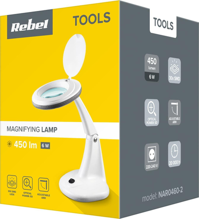 Lampë tavoline Rebel Tools NAR0460-2, lupë zmadhimi 5D, 6W LED, e bardhë
