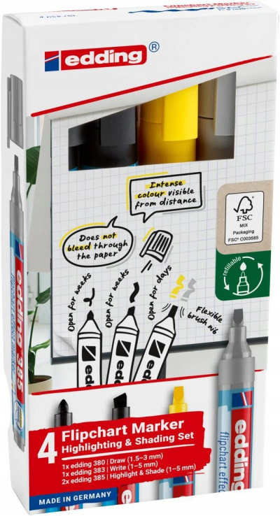 Set markera flipchart Edding 385, 4 copë, shumëngjyrësh