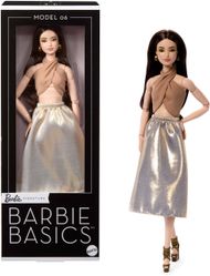 Kukull Barbie Basics Model 06 Collector, trup i pozueshëm, fund i artë me shkëlqim, brune