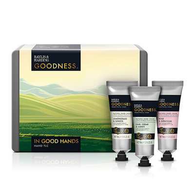 Set krem natyral për duar Baylis & Harding - Lemon Grass + Oud + Rose, 3 copë x 75 ml