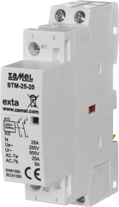 Kontaktor modular Zamel STM-25-20, 1P 25A, 2NO 230V, i bardhë