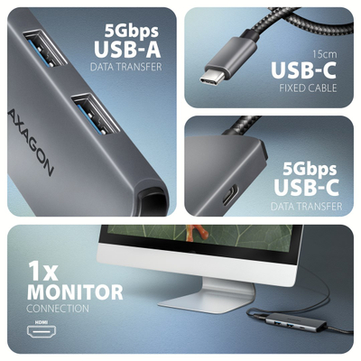 USB hub Axagon HMC-5H8K, 2x USB A, 1x USB C, HDMI 8K, PD 100W, gri