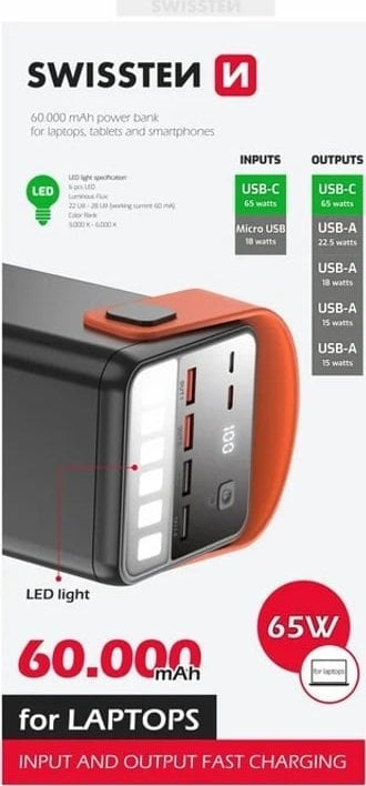 Karikues i jashtëm Swissten Power Line, 60000 mAh, 65W Power Delivery, i zi
