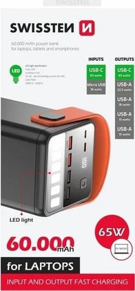 Karikues i jashtëm Swissten Power Line, 60000 mAh, 65W Power Delivery, i zi